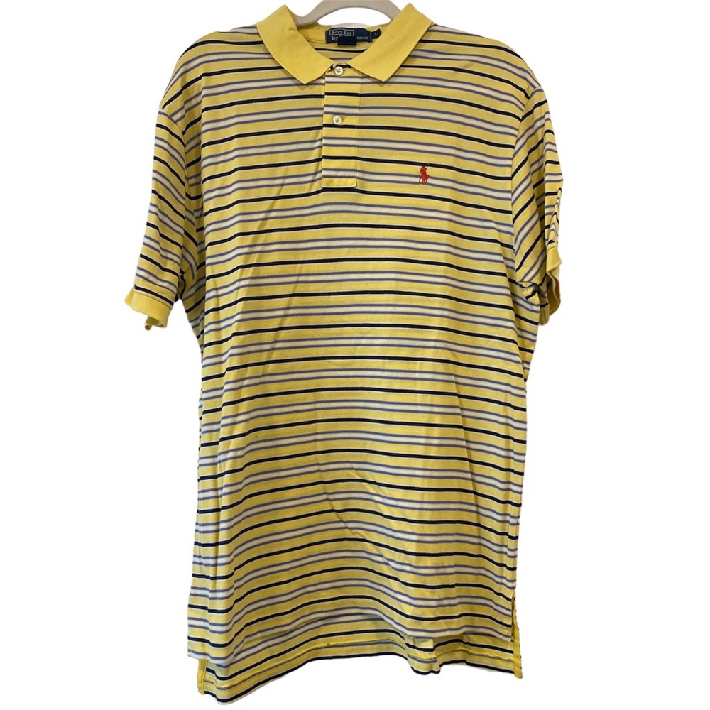 POLO RALPH LAUREN Men’s Shirt Yellow Blue Striped PIMA COTTON Short Sleeve LARGE